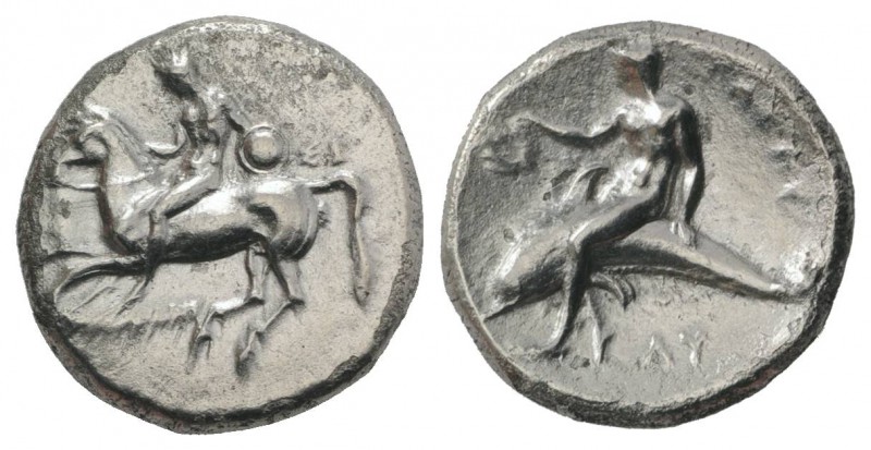 Southern Apulia, Tarentum, c. 302-280 BC. AR Nomos (22mm, 7.53g, 9h). Nude youth...