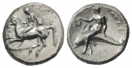 Southern Apulia, Tarentum, c. 302-280 BC. AR Nomos (22mm, 7.53g, 9h). Nude youth, holding shield and rein, on horseback l., [ΦIΛOKΛHΣ below]. R/ Phala...
