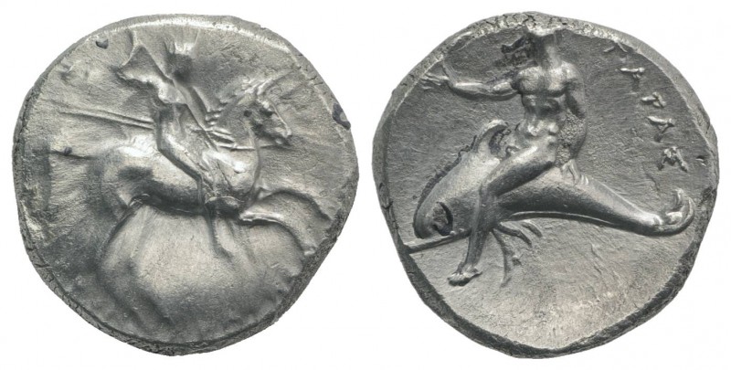 Southern Apulia, Tarentum, c. 302-280 BC. AR Nomos (21mm, 7.81g, 12h). Warrior o...