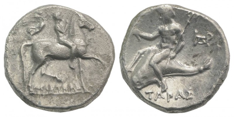 Southern Apulia, Tarentum, c. 272-240 BC. AR Nomos (20mm, 6.48g, 1h). Youth on h...