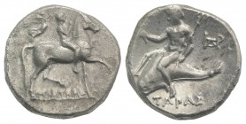Southern Apulia, Tarentum, c. 272-240 BC. AR Nomos (20mm, 6.48g, 1h). Youth on horseback r.; behind, Nike flying r., crowning him; ΦI to r., APIΣTEIΔ-...