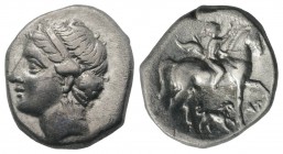 Southern Apulia, Tarentum. Campano-Tarentine series, c. 281-272 BC. AR Didrachm (20mm, 6.99g, 11h). Diademed head of nymph l. R/ Nude youth on horseba...