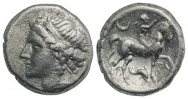 Southern Apulia, Tarentum, Campano-Tarentine series, c. 281-272 BC. AR Didrachm (19mm, 7.15g, 7h). Diademed head of nymph l., wearing triple-pendant e...