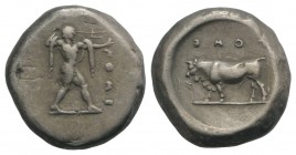 Northern Lucania, Poseidonia, c. 470-445 BC. AR Stater (19mm, 8.12g, 7h). Poseidon advancing r., wielding trident overhead. R/ Bull standing l. in cir...