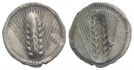 Southern Lucania, Metapontion, c. 540-510 BC. AR Drachm (19mm, 2.66g, 12h). Barley ear. R/ Incuse barley ear. Cf. Noe 81; HNItaly 1468. Good VF