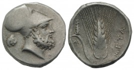 Southern Lucania, Metapontion, c. 340-330 BC. AR Stater (21mm, 7.91g, 6h). Helmeted head of Leukippos r.; to l., lion head r. R/ Barley ear with leaf ...