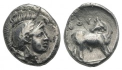 Southern Lucania, Thourioi, c. 400-375 BC. AR Diobol (9mm, 0.72g, 12h). Helmeted head of Athena r. R/ Bull standing r., head l. HNItaly 1780; SNG ANS ...