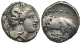 Southern Lucania, Thourioi, c. 350-300 BC. AR Distater (23mm, 14.97g, 12h). Head of Athena r., wearing crested Attic helmet decorated with Skylla hold...