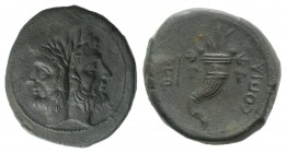 Southern Lucania, Thourioi as Copia, c. 193-150 BC. Æ As (24mm, 9.19g, 3h). Laureate head of Janus. R/ Cornucopia. HNItaly 1935; SNG ANS -. Rare. Some...
