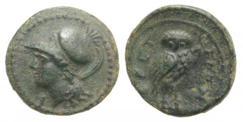 Bruttium, The Brettii, c. 215-205 BC. Æ 1/6 Unit (12mm, 1.13g, 12h). Helmeted he...