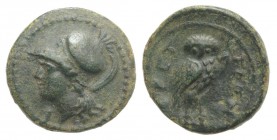 Bruttium, The Brettii, c. 215-205 BC. Æ 1/6 Unit (12mm, 1.13g, 12h). Helmeted head of Athena l. R/ Owl standing r., head facing. Scheu 35; HNItaly 198...