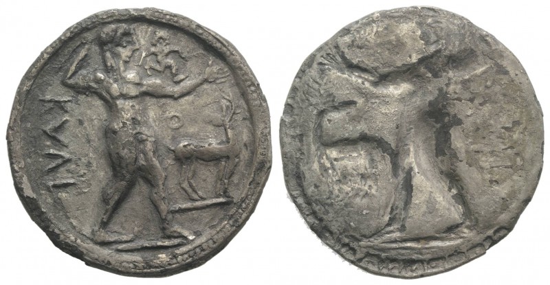 Bruttium, Kaulonia, c. 525-500 BC. AR Stater (29mm, 7.69g, 12h). Apollo advancin...