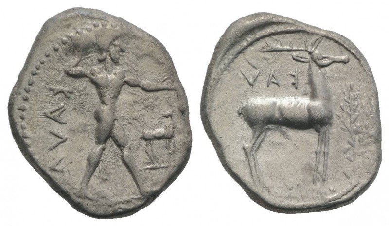 Bruttium, Kaulonia, c. 475-425 BC. AR Stater (24mm, 7.85g, 1h). Nude Apollo walk...