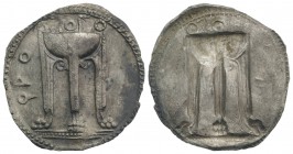 Bruttium, Kroton, c. 530-500 BC. AR Stater (28mm, 8.27g, 12h). Tripod, legs terminating in lion's feet, serpents rising from bowl. R/ Incuse tripod as...