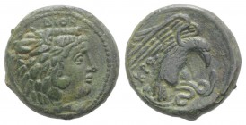 Bruttium, Kroton, c. 350-300 BC. Æ (19mm, 6.26g, 9h). Head of Herakles r., wearing lion skin. R/ Eagle r., alighting on snake. HNItaly 2218; SNG ANS 4...
