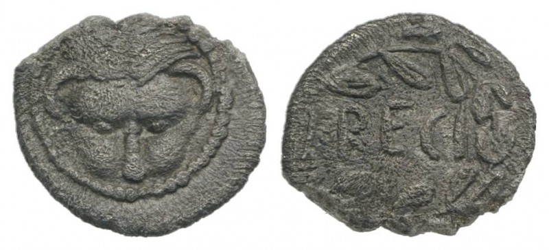 Bruttium, Rhegion, c. 445-435 BC. AR Hemilitron (7mm, 0.29g, 6h). Lion-scalp. R/...