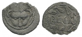 Bruttium, Rhegion, c. 445-435 BC. AR Hemilitron (7mm, 0.29g, 6h). Lion-scalp. R/ RECI within laurel wreath. HNItaly 2486; SNG ANS -. Porous, VF
