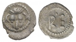 Bruttium, Rhegion, c. 445-435 BC. AR Hexas (5mm, 0.10g, 11h). Head of lion facing. R/ Large RE. HNItaly 2487; SNG ANS -. Very Rare, Good VF