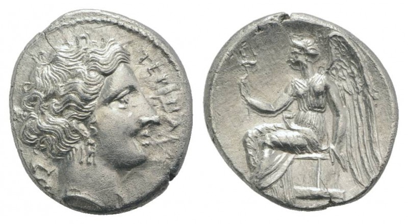 Bruttium, Terina, c. 300 BC. AR Drachm (14mm, 2.06g, 7h). Head of nymph r.; tris...