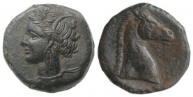 Carthaginian Domain, Sardinia, c. 264-241 BC. Æ (19mm, 5.03g, 11h). Wreathed head of Kore-Tanit l. R/ Head of horse r. Piras 1; SNG Copenhagen (Africa...