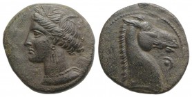 Carthaginian Domain, Sardinia, c. 264-241 BC. Æ (18mm, 4.26g, 9h). Wreathed head of Kore-Tanit l. R/ Head of horse r., pellet and crescent before. Pir...