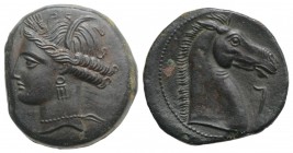 Carthaginian Domain, Sardinia, c. 264-241 BC. Æ (20mm, 4.99g, 9h). Wreathed head of Kore-Tanit l. R/ Head of horse r., letter before. Piras 44; SNG Co...