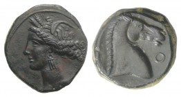 Carthaginian Domain, Sardinia, c. 264-241 BC. Æ (19mm, 5.72g, 11h). Wreathed head of Kore-Tanit l. R/ Head of horse r.; letter before. Piras 54; SNG C...