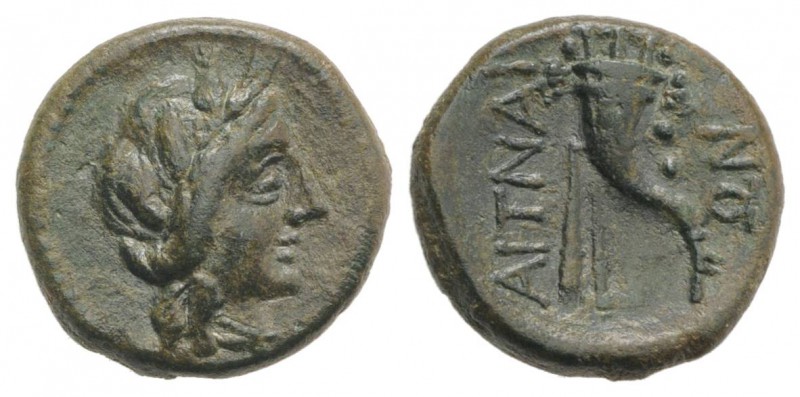 Sicily, Aitna, c. 208-205 BC. Æ Sextans (14mm, 3.04g, 12h). Head of Persephone r...