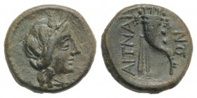 Sicily, Aitna, c. 208-205 BC. Æ Sextans (14mm, 3.04g, 12h). Head of Persephone r., wearing wreath of grain ears. R/ Filleted cornucopia. CNS III, 11; ...