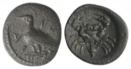 Sicily, Akragas, c. 425-406 BC. AR Litra (10mm, 0.78g, 7h). Eagle standing l. on capital. R/ Crab; lotus flower. SNG ANS 986-95; HGC 2, 121. Dark pati...