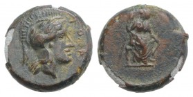Sicily, Athl-, c. 344-339 BC. Æ (13mm, 3.15g, 9h). Helmeted head of Athena r. R/ Female figure seated r., holding trident(?) in r. hand, grounded bow ...