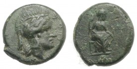 Sicily, Athl-, c. 344-339 BC. Æ (13mm, 2.96g, 9h). Helmeted head of Athena r. R/ Female figure seated r., holding trident(?) in r. hand, grounded bow ...