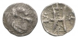 Sicily, Eryx, c. 440-425 BC. AR Hemilitron (7mm, 0.20g, 9h). Forepart of hound running r. R/ Large H (value mark). Campana 13; SNG ANS -; HGC 2, 305. ...