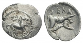 Sicily, Gela, c. 465-450 BC. AR Litra (12mm, 0.62g, 3h). Horse advancing r.; wreath above. R/ Forepart of man-headed bull r. Jenkins, Gela, Group III;...