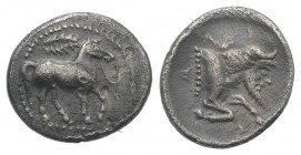 Sicily, Gela, c. 465-450 BC. AR Litra (11mm, 0.85g, 9h). Horse advancing r.; wreath above. R/ Forepart of man-headed bull r. Jenkins, Gela, Group III;...