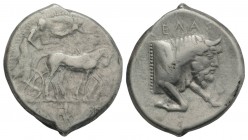 Sicily, Gela, c. 430-425 BC. AR Tetradrachm (29mm, 17.09g, 6h). Charioteer driving quadriga r.; above, [Nike flying r., crowning horses]. R/ Forepart ...