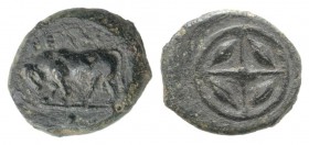 Sicily, Gela, c. 420-405 BC. Æ Onkia (12mm, 1.75g). Bull standing l., head lowered; pellet (mark of value) in exergue. R/ Wheel of four spokes; barley...