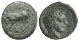 Sicily, Gela, c. 420-405 BC. Æ Tetras (17mm, 4.20g, 9h). Bull standing l., head lowered; three pellets in exergue. R/ Head of horned river god r. CNS ...