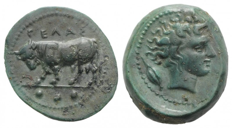 Sicily, Gela, c. 420-405 BC. Æ Tetras (17mm, 3.66g, 12h). Bull standing l., head...