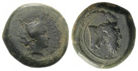 Sicily, Herbessos, 339/8-336 BC. Æ Hemilitron (27mm, 19.25g, 11h). Wreathed head of female (Sikelia?) r. R/ Forepart of man-headed bull r. CNS III, 5 ...
