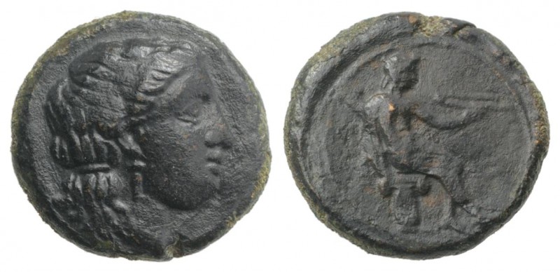 Sicily, Herbita, c. 350 BC. Æ (12mm, 1.55g, 11h). Female head r., wearing earrin...