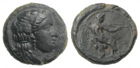 Sicily, Herbita, c. 350 BC. Æ (12mm, 1.55g, 11h). Female head r., wearing earrings and necklace. R/ Apollo seated r. on capital, holding bow. CNS I, -...