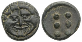 Sicily, Himera, c. 425-409 BC. Æ Hemilitron or Hexonkion (23mm, 13.43g). Gorgoneion. R/ Six pellets (mark of value). Cf. CNS I, 16; HGC 2, 472. Green ...