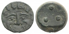 Sicily, Himera, c. 425-409 BC. Æ Tetras or Trionkion (21mm, 13.61g). Gorgoneion. R/ Three pellets. CNS I, 18; HGC 2, 467. Green patina, VF