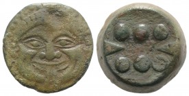 Sicily, Himera, c. 430-420 BC. Æ Hemilitron (26mm, 25.96g). Facing gorgoneion with protruding tongue and furrowed cheeks. R/ Six pellets. CNS I, 19; H...