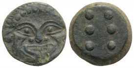 Sicily, Himera, c. 425-409 BC. Æ Hemilitron or Hexonkion (23mm, 13.35g). Gorgoneion. R/ Six pellets (mark of value). CNS I, 23; HGC 2, 472. Green pati...