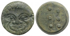 Sicily, Himera, c. 425-409 BC. Æ Hemilitron or Hexonkion (24mm, 14.59g). Gorgoneion. R/ Six pellets (mark of value). CNS I, 23; HGC 2, 472. Green pati...