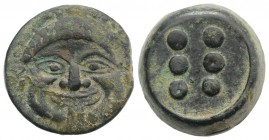 Sicily, Himera, c. 425-409 BC. Æ Hemilitron or Hexonkion (26mm, 26.44g). Gorgoneion. R/ Six pellets (mark of value). CNS I, 24; HGC 2, 472. Green pati...