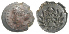 Sicily, Himera, c. 420-407 BC. Æ Hemilitron (18mm, 4.13g, 9h). Head of nymph l.; six pellets before. R/ Six pellets within wreath. CNS I, 35; SNG ANS ...