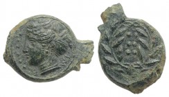 Sicily, Himera, c. 420-407 BC. Æ Hemilitron (20mm, 4.76g, 12h). Head of nymph l.; six pellets before. R/ Six pellets within wreath. CNS I, 35; SNG ANS...